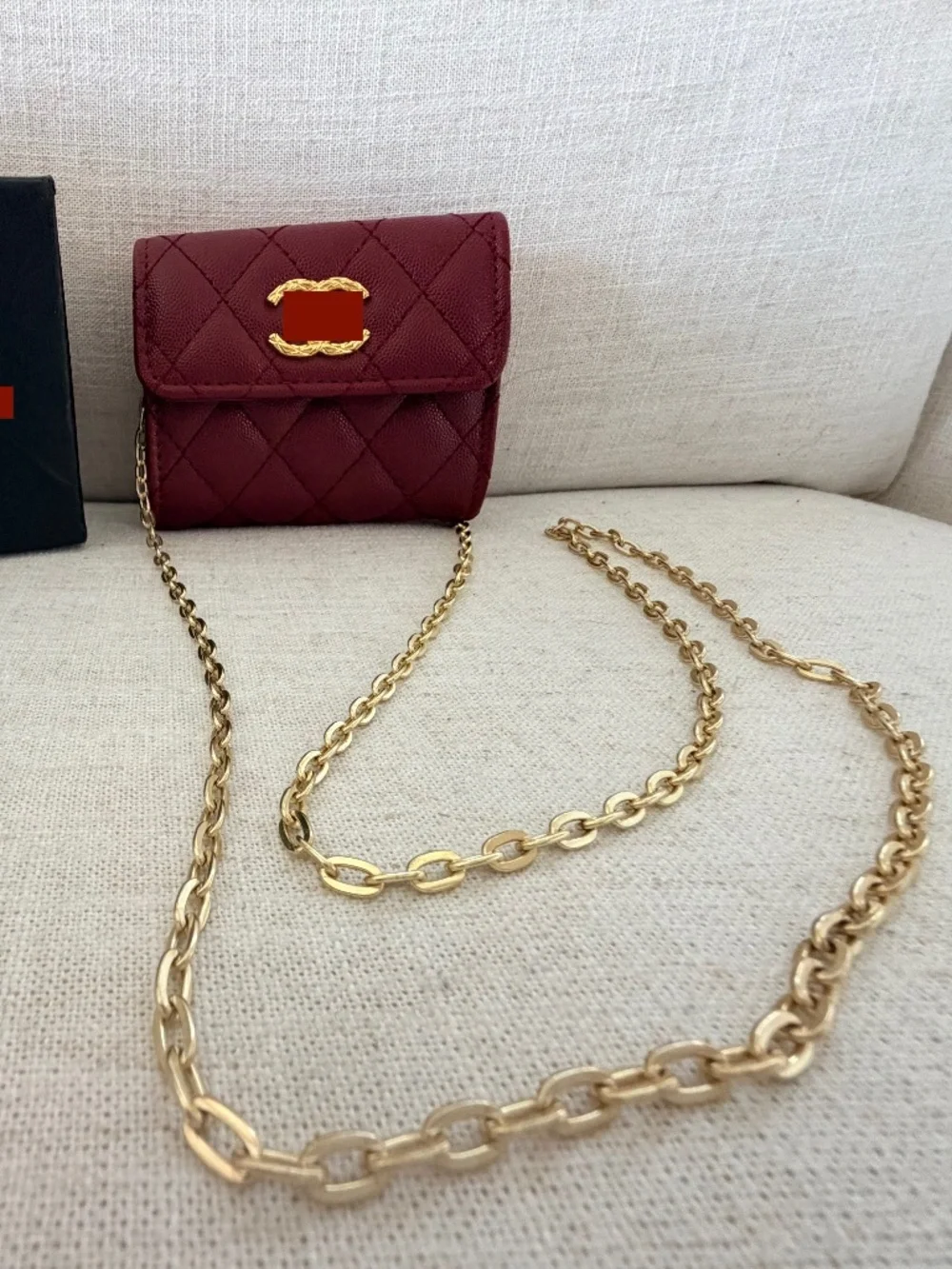 Designer Inspired Burgundy Quilted Wallet on Chain WOC Crossbody